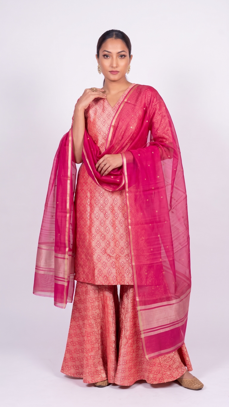 Hot Pink Pure Khaddi Georgette Brocade Kurta with Sharara