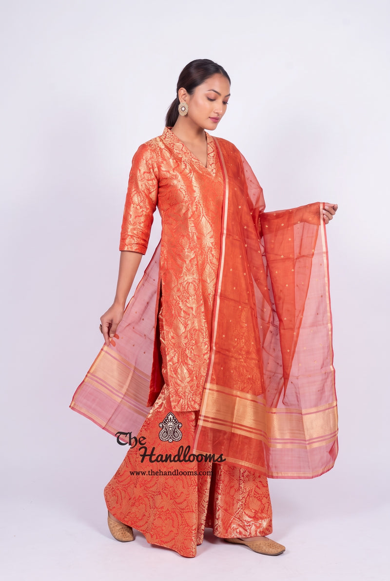 Red Pure Katan Silk Brocade Kurta with Sharara - The Handlooms