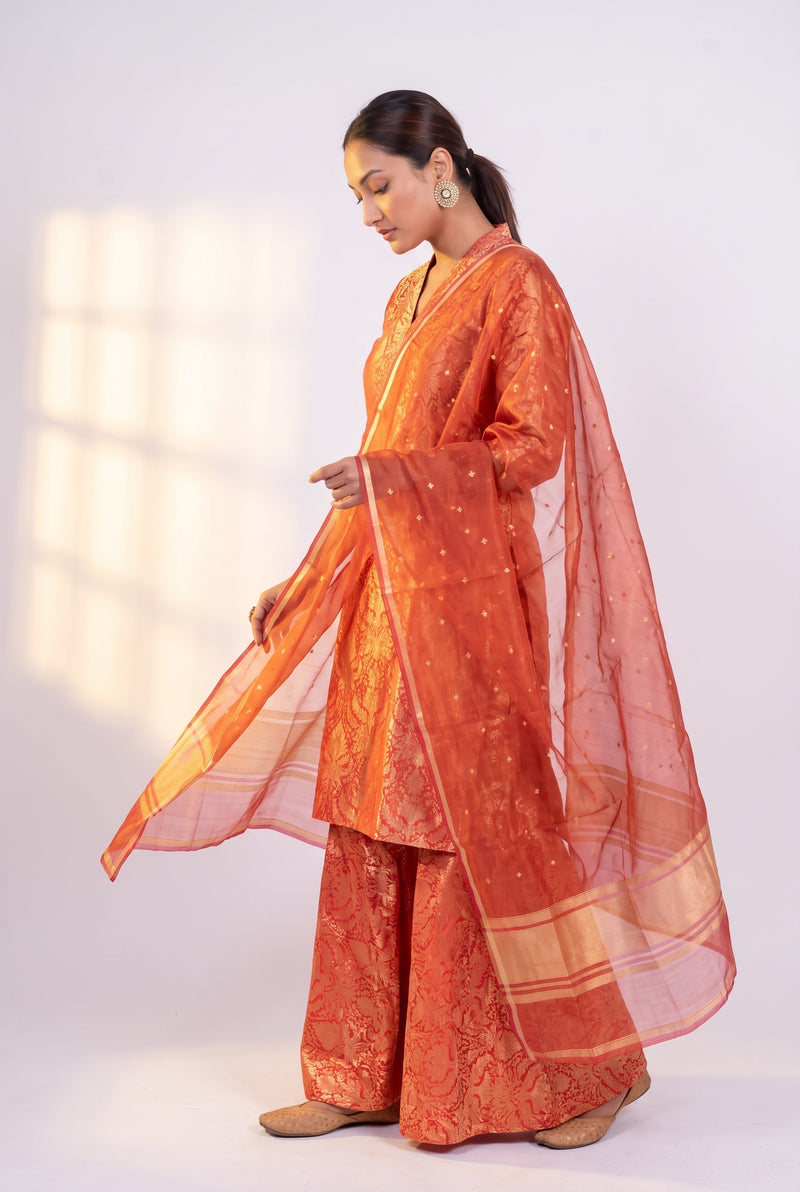 Red Pure Katan Silk Brocade Kurta with Sharara - The Handlooms