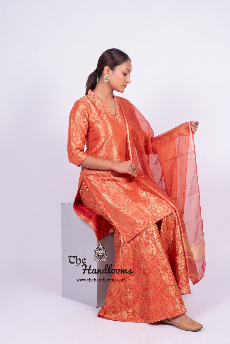 Red Pure Katan Silk Brocade Kurta with Sharara - The Handlooms