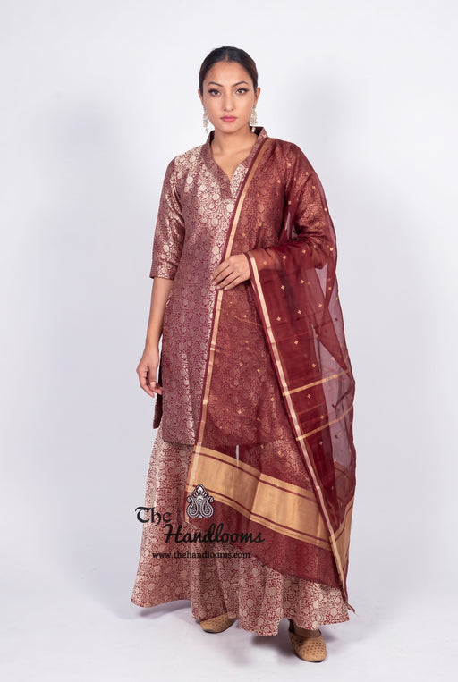 Maroon Pure Katan Silk Brocade Kurta with Sharara - The Handlooms