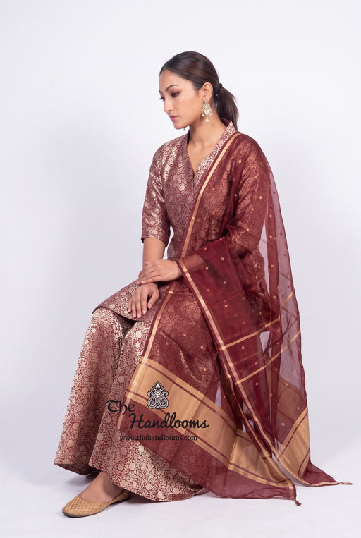 Maroon Pure Katan Silk Brocade Kurta with Sharara - The Handlooms