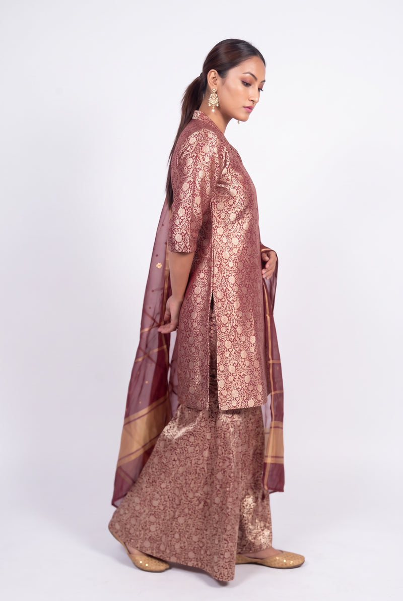 Maroon Pure Katan Silk Brocade Kurta with Sharara - The Handlooms