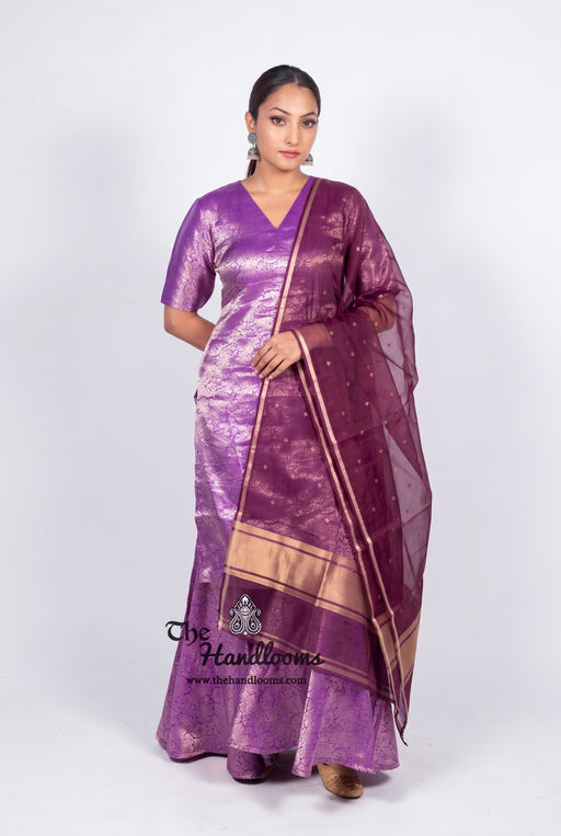 Purple Pure Katan Silk Brocade Kurta with Sharara - The Handlooms