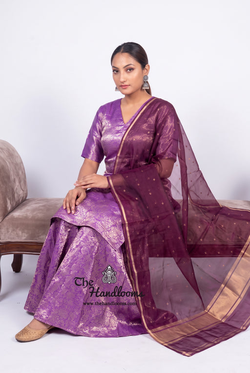 Purple Pure Katan Silk Brocade Kurta with Sharara - The Handlooms