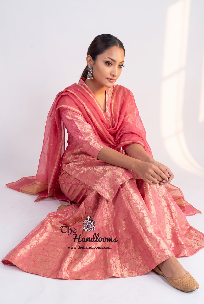 Pink Pure Katan Silk Brocade Kurta with Sharara
