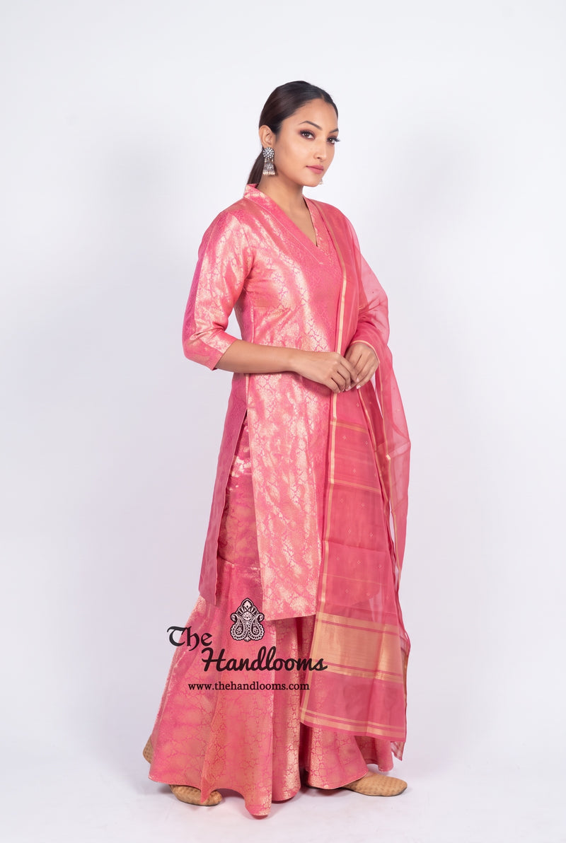 Pink Pure Katan Silk Brocade Kurta with Sharara
