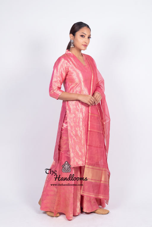 Pink Pure Katan Silk Brocade Kurta with Sharara - The Handlooms