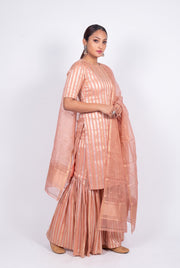 Peach Pure Khaddi Georgette Brocade Kurta with Sharara - The Handlooms