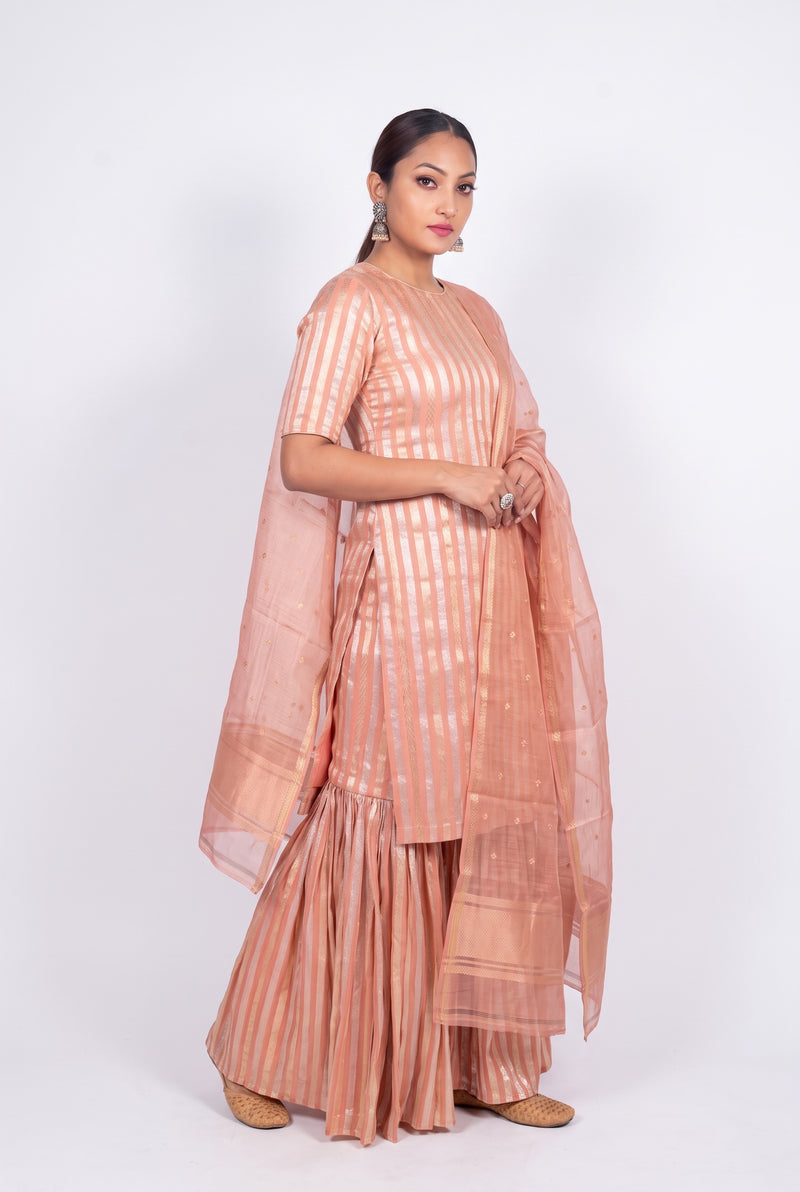 Peach Pure Khaddi Georgette Brocade Kurta with Sharara - The Handlooms