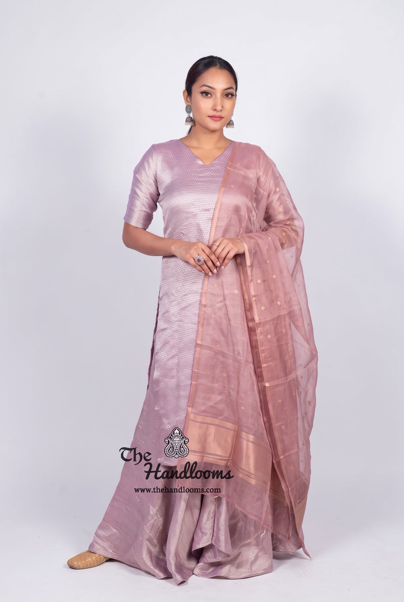 Lilac Pure Khaddi Georgette Brocade Kurta with Sharara - The Handlooms