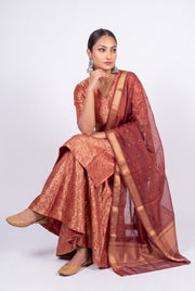 Red Pure Katan Silk Brocade Kurta with Sharara - The Handlooms