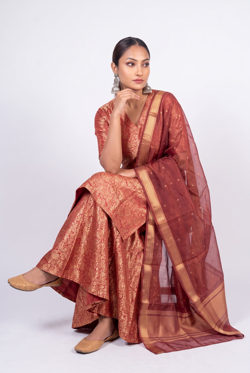 Red Pure Katan Silk Brocade Kurta with Sharara - The Handlooms