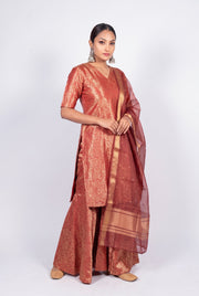 Red Pure Katan Silk Brocade Kurta with Sharara - The Handlooms