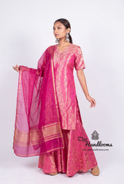Hot Pink Pure Katan Silk Brocade Kurta with Sharara - The Handlooms