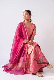 Hot Pink Pure Katan Silk Brocade Kurta with Sharara - The Handlooms