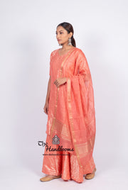 Strawberry Pure Katan Silk Brocade Kurta with Sharara - The Handlooms