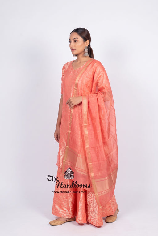 Strawberry Pure Katan Silk Brocade Kurta with Sharara - The Handlooms