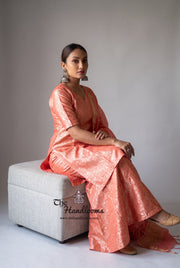 Strawberry Pure Katan Silk Brocade Kurta with Sharara - The Handlooms