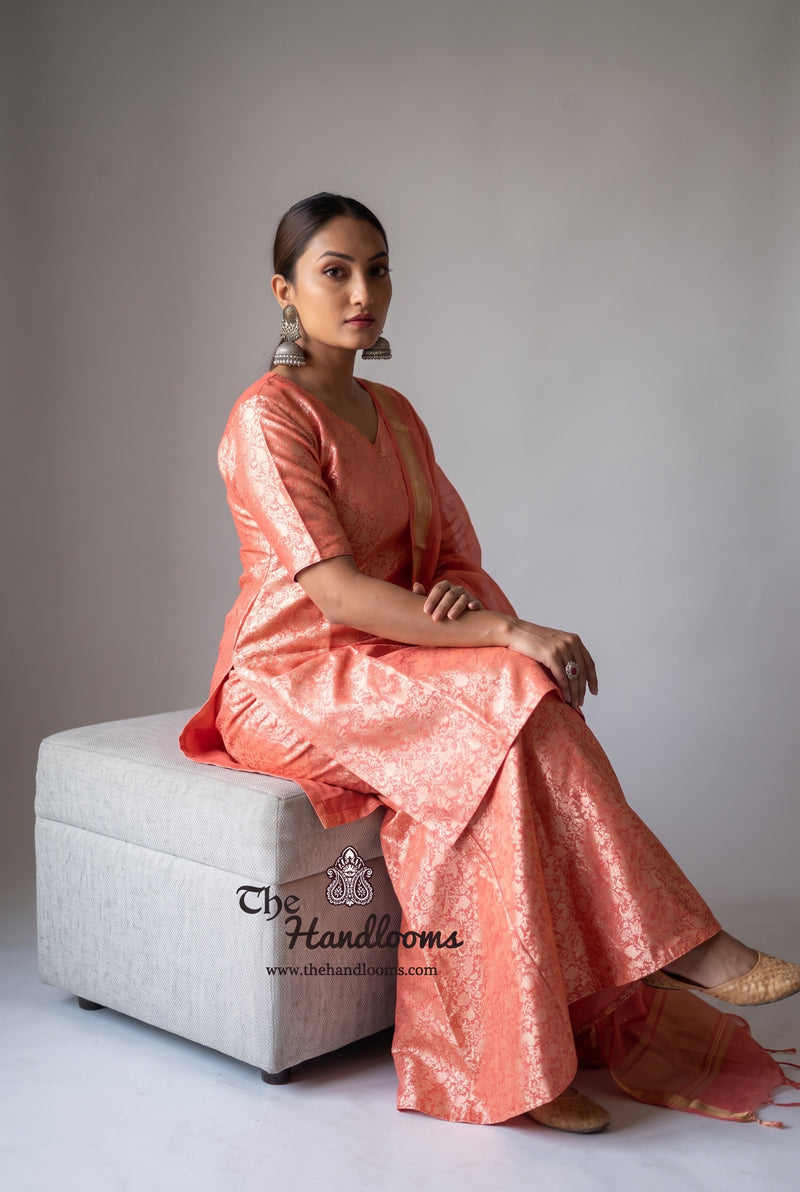 Strawberry Pure Katan Silk Brocade Kurta with Sharara - The Handlooms