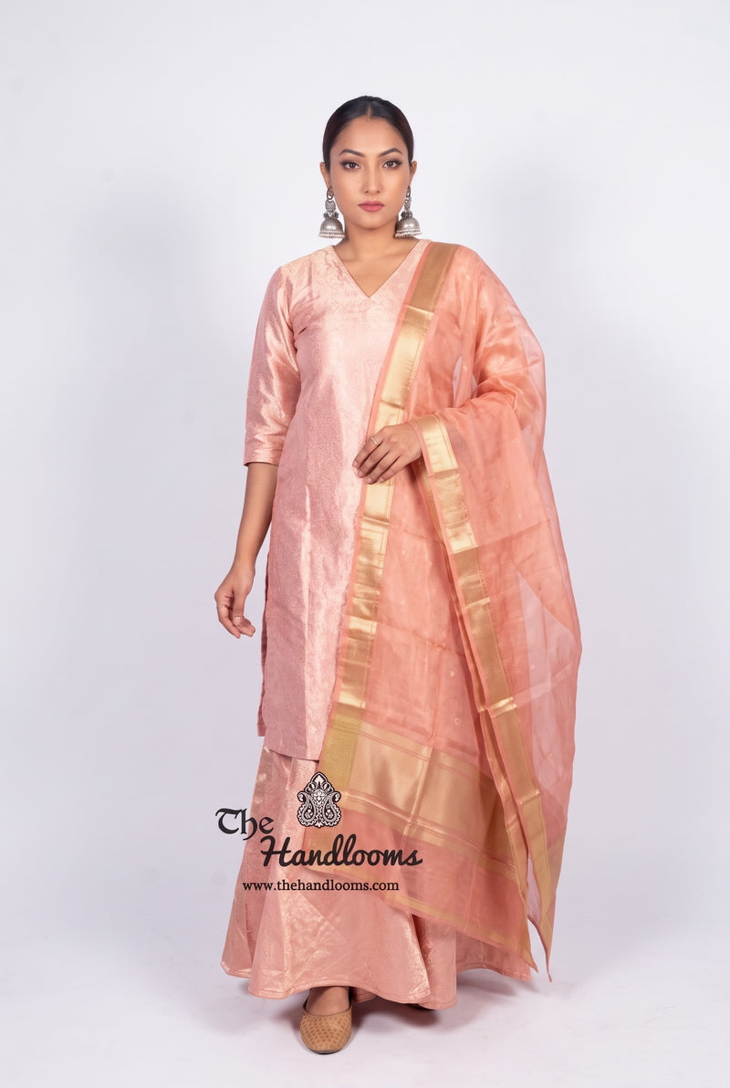 Onion Pink Pure Katan Silk Brocade Kurta with Sharara - The Handlooms