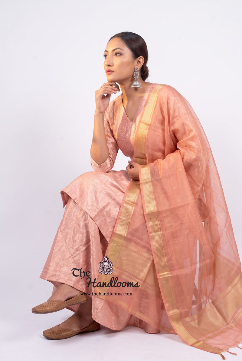 Onion Pink Pure Katan Silk Brocade Kurta with Sharara - The Handlooms