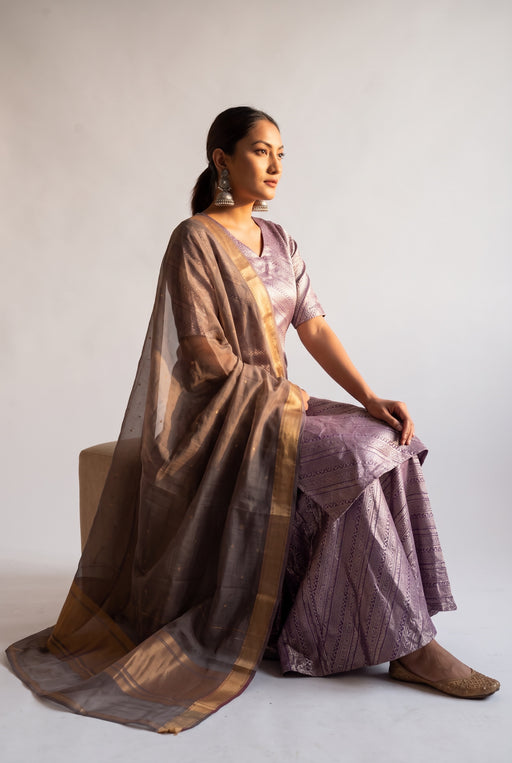 Purple Pure Khaddi Georgette Brocade Kurta with Sharara - The Handlooms