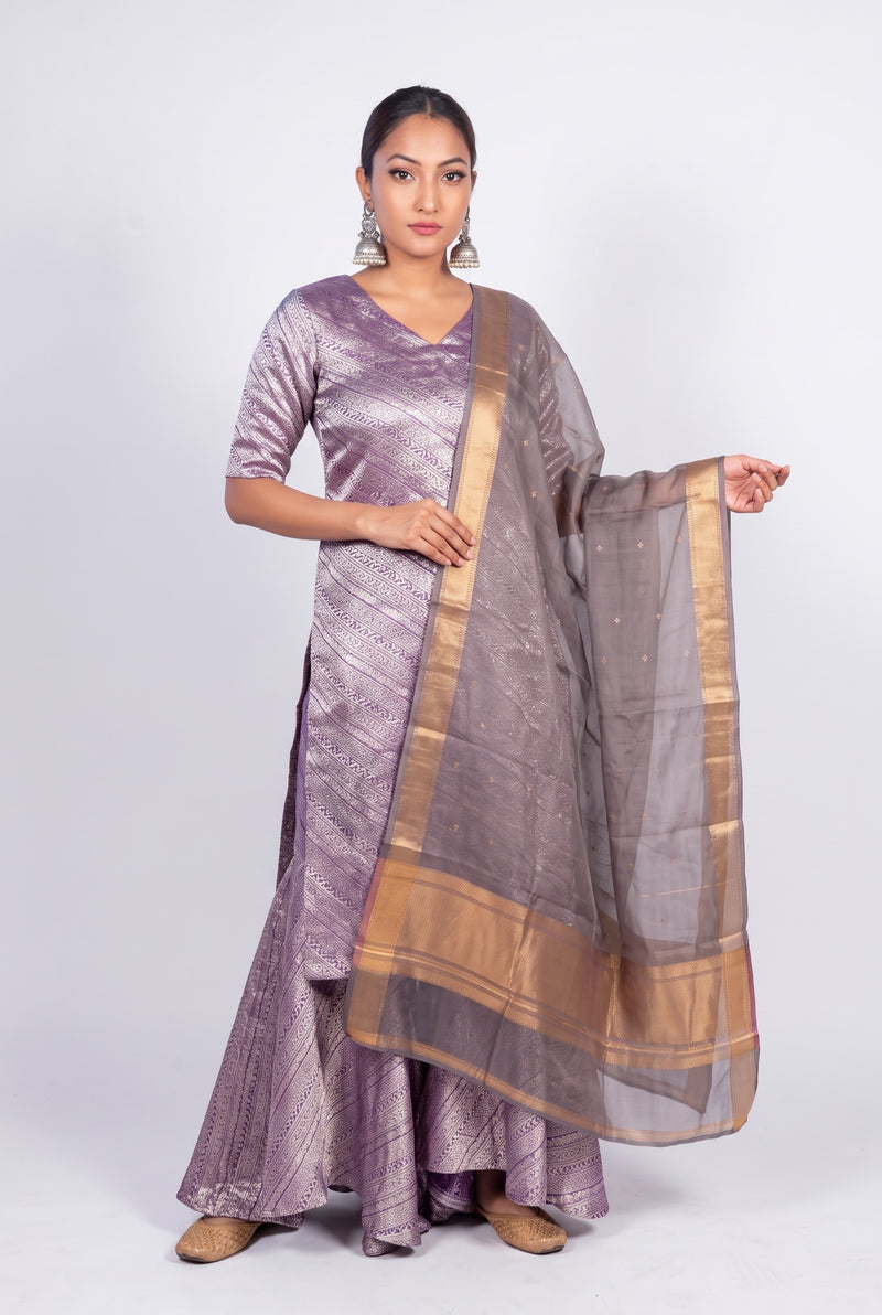 Purple Pure Khaddi Georgette Brocade Kurta with Sharara - The Handlooms