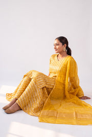 Yellow Pure Khaddi Georgette Brocade Kurta with Sharara - The Handlooms
