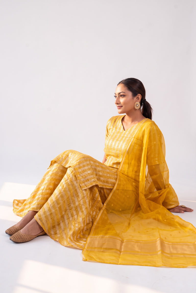 Yellow Pure Khaddi Georgette Brocade Kurta with Sharara - The Handlooms