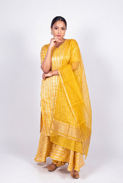 Yellow Pure Khaddi Georgette Brocade Kurta with Sharara - The Handlooms
