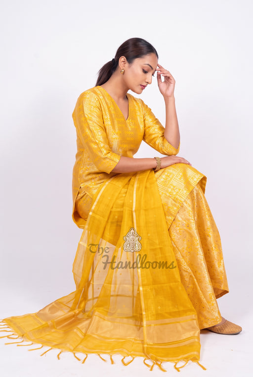 Yellow Pure Katan Silk Brocade Kurta with Sharara - The Handlooms