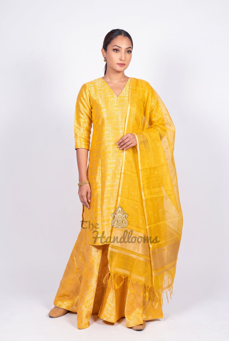 Yellow Pure Katan Silk Brocade Kurta with Sharara - The Handlooms