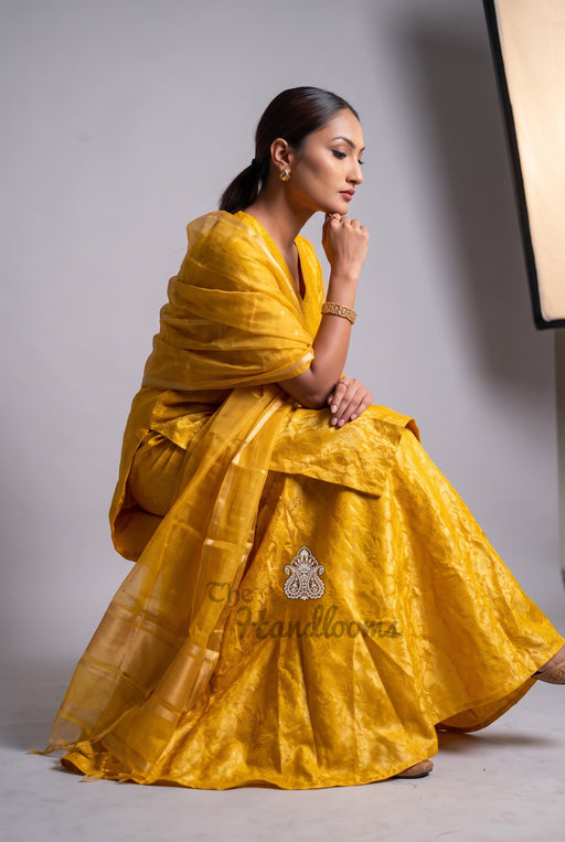 Yellow Pure Katan Silk Brocade Kurta with Sharara - The Handlooms