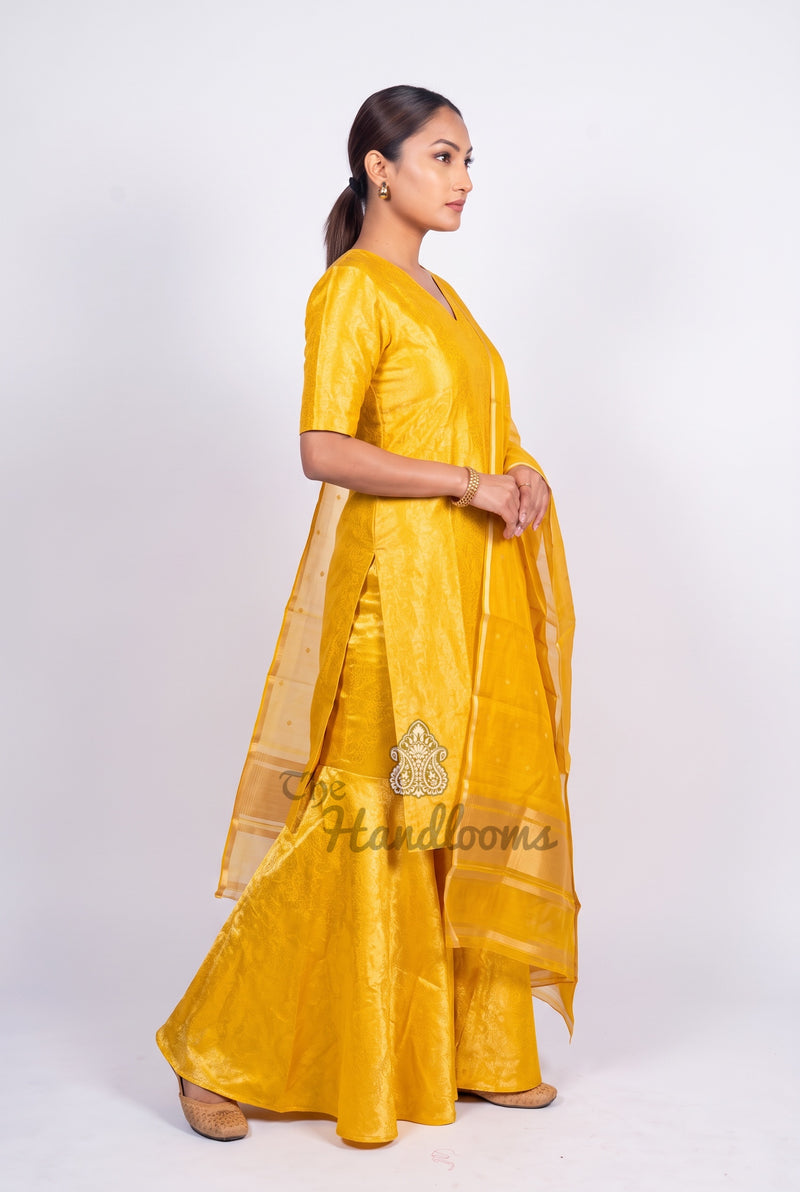 Yellow Pure Katan Silk Brocade Kurta with Sharara - The Handlooms