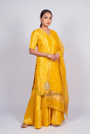 Yellow Pure Katan Silk Brocade Kurta with Sharara - The Handlooms
