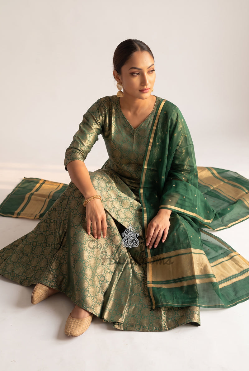 Green Pure Katan Silk Brocade Kurta with Sharara - The Handlooms