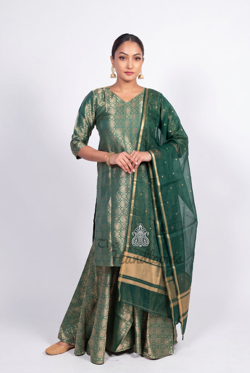 Green Pure Katan Silk Brocade Kurta with Sharara - The Handlooms