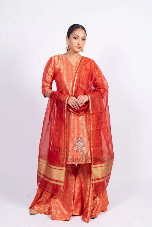 Red Pure Katan Silk Brocade Kurta with Sharara - The Handlooms