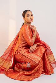 Red Pure Katan Silk Brocade Kurta with Sharara - The Handlooms