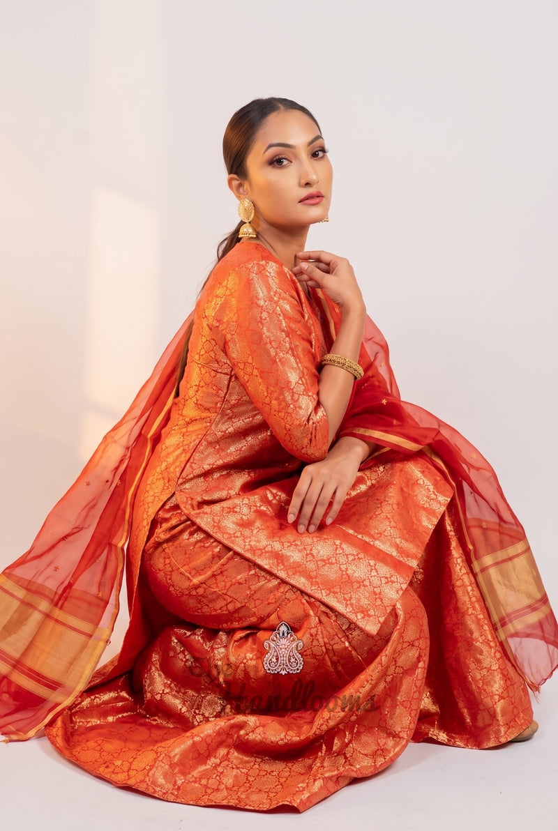 Red Pure Katan Silk Brocade Kurta with Sharara - The Handlooms