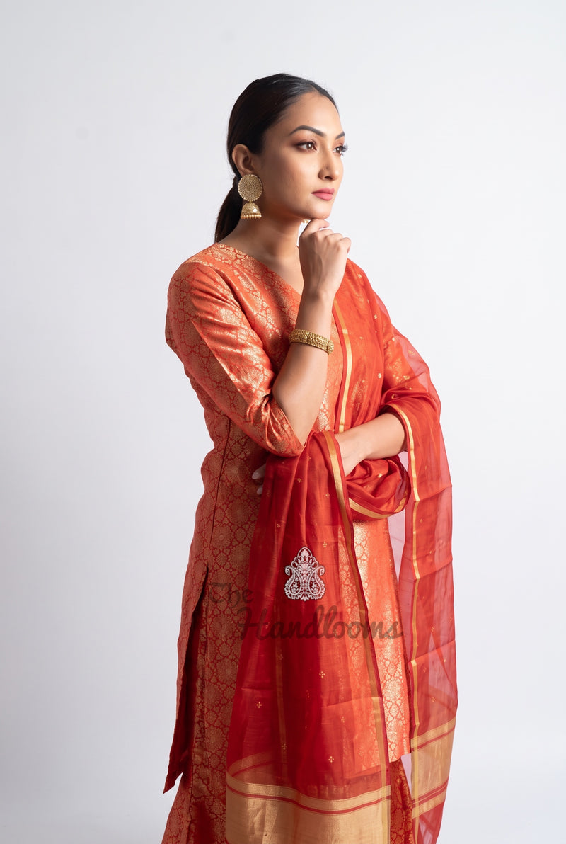 Red Pure Katan Silk Brocade Kurta with Sharara - The Handlooms