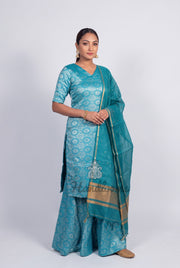 Sky Blue Pure Katan Silk Brocade Kurta with Sharara - The Handlooms