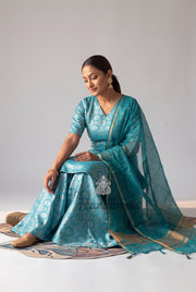 Sky Blue Pure Katan Silk Brocade Kurta with Sharara - The Handlooms