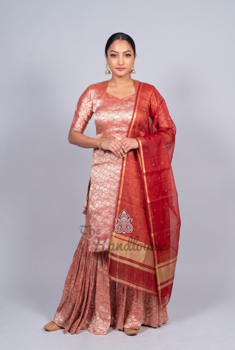 Red Pure Khaddi Georgette Brocade Kurta with Sharara - The Handlooms