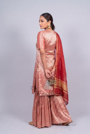Red Pure Khaddi Georgette Brocade Kurta with Sharara - The Handlooms