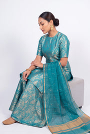 Turquoise Pure Katan Silk Brocade Kurta with Sharara - The Handlooms
