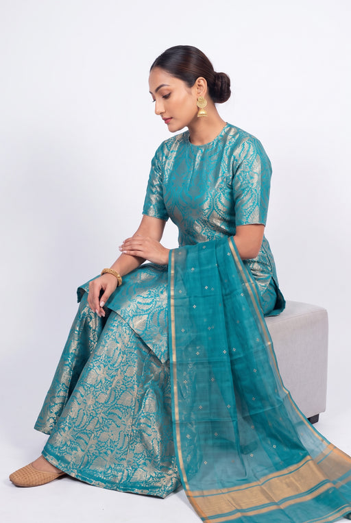 Turquoise Pure Katan Silk Brocade Kurta with Sharara - The Handlooms