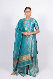 Turquoise Pure Katan Silk Brocade Kurta with Sharara - The Handlooms