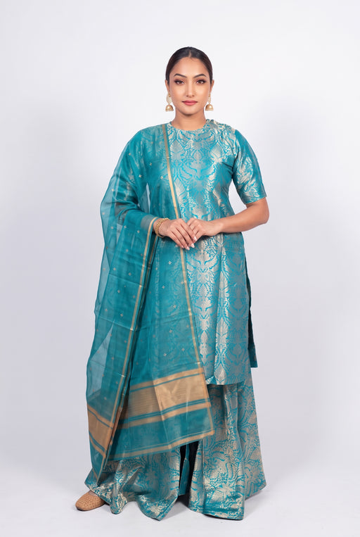 Turquoise Pure Katan Silk Brocade Kurta with Sharara - The Handlooms